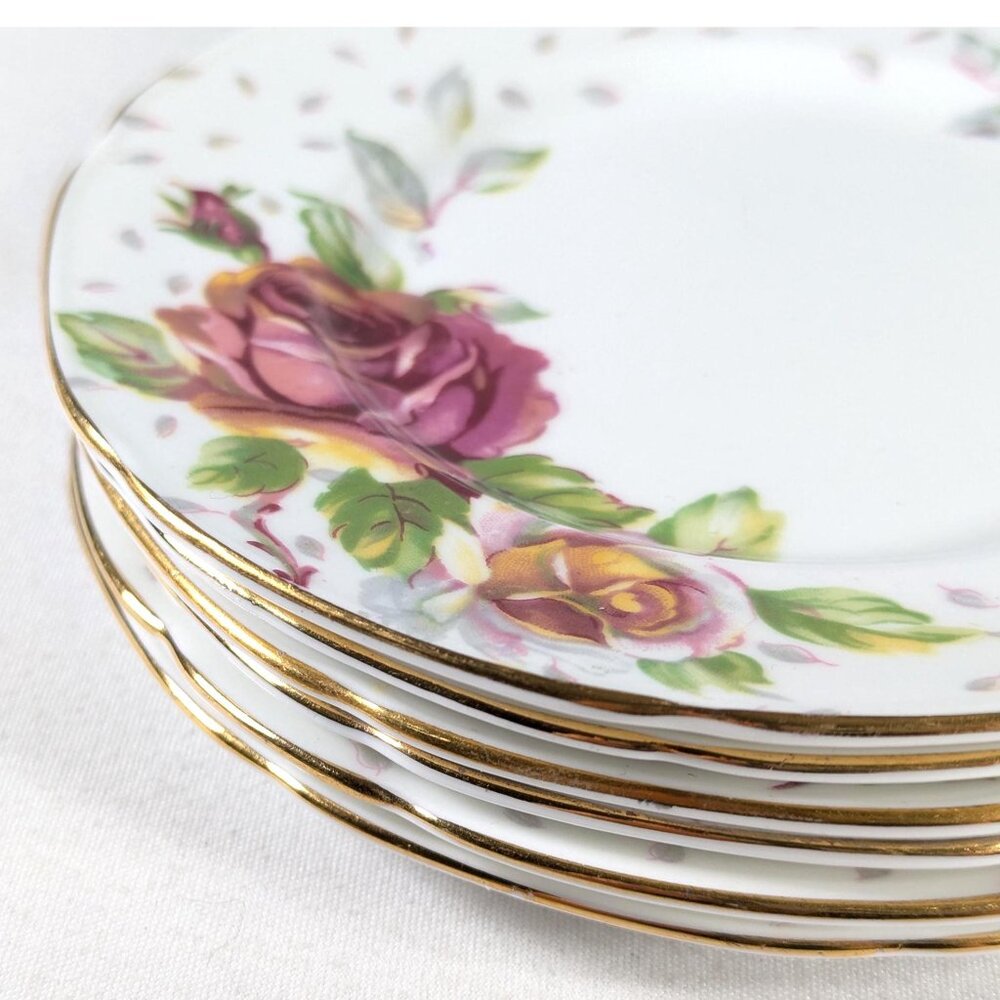 Vintage Paragon Golden Emblem set of 6 cake plates, large pink cabbage Rose